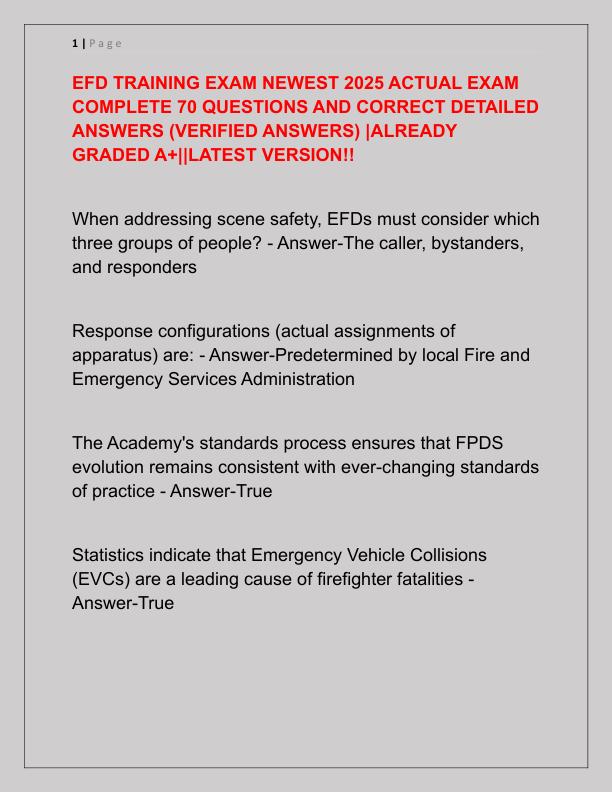 EFD TRAINING EXAM NEWEST 2025 ACTUAL EXAM COMPLETE 70 QUESTIONS AND CORRECT DETAILED ANSWERS