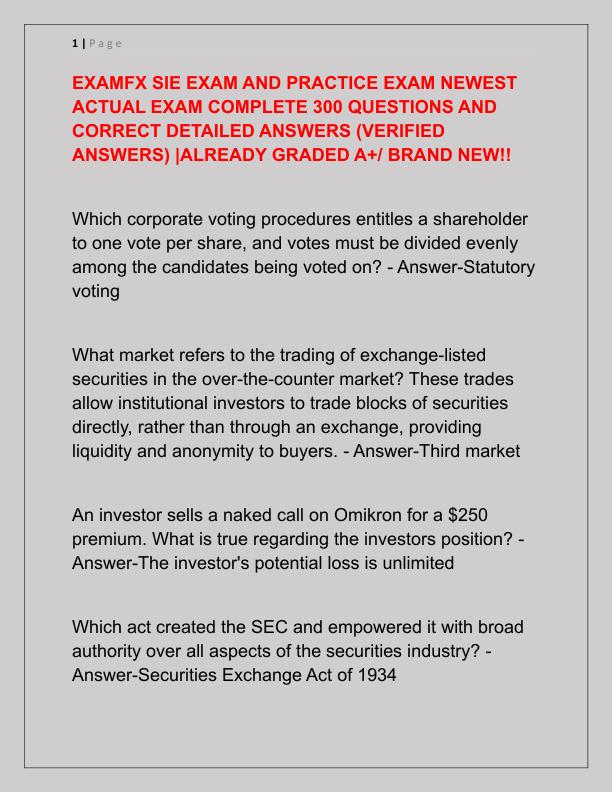 EXAMFX SIE EXAM AND PRACTICE EXAM NEWEST ACTUAL EXAM COMPLETE 300 QUESTIONS AND CORRECT DETAILED ANSWERS