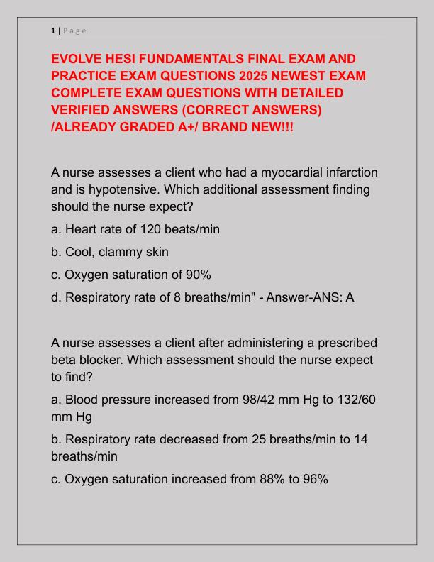 EVOLVE HESI FUNDAMENTALS FINAL EXAM AND PRACTICE EXAM QUESTIONS 2025 NEWEST EXAM COMPLETE EXAM QUESTIONS WITH DETAILED VERIFIED ANSWERS