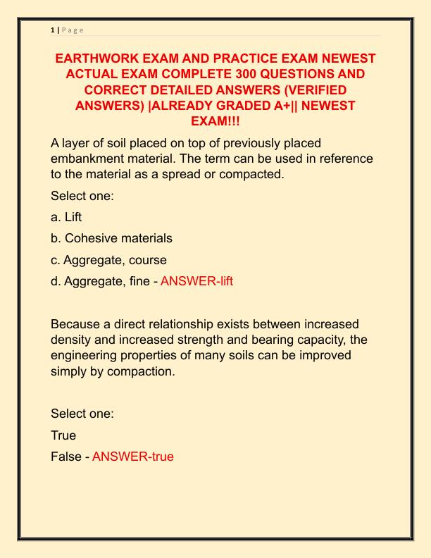 EARTHWORK EXAM AND PRACTICE EXAM NEWEST ACTUAL EXAM COMPLETE 300 QUESTIONS AND CORRECT DETAILED ANSWERS