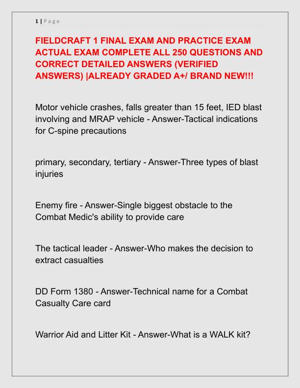 FIELDCRAFT 1 FINAL EXAM AND PRACTICE EXAM ACTUAL EXAM COMPLETE ALL 250 QUESTIONS AND CORRECT DETAILED ANSWERS