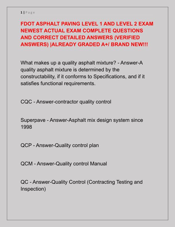 FDOT ASPHALT PAVING LEVEL 1 AND LEVEL 2 EXAM NEWEST ACTUAL EXAM COMPLETE QUESTIONS AND CORRECT DETAILED ANSWERS