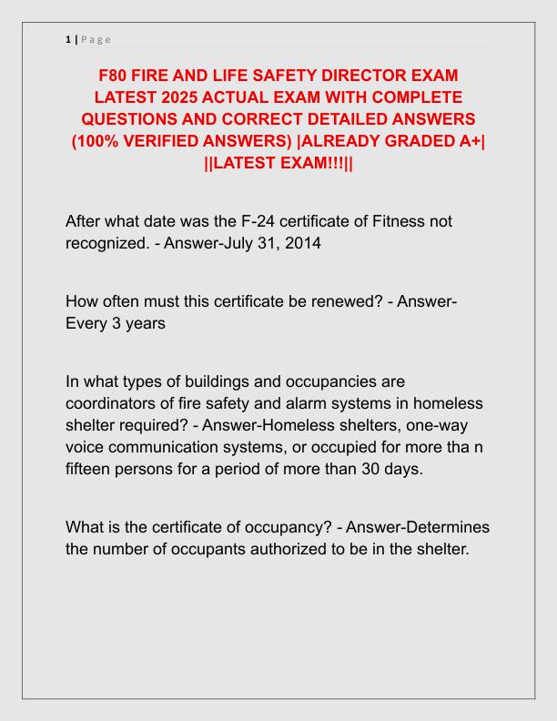 F80 FIRE AND LIFE SAFETY DIRECTOR EXAM LATEST 2025 ACTUAL EXAM WITH COMPLETE QUESTIONS AND CORRECT DETAILED ANSWERS