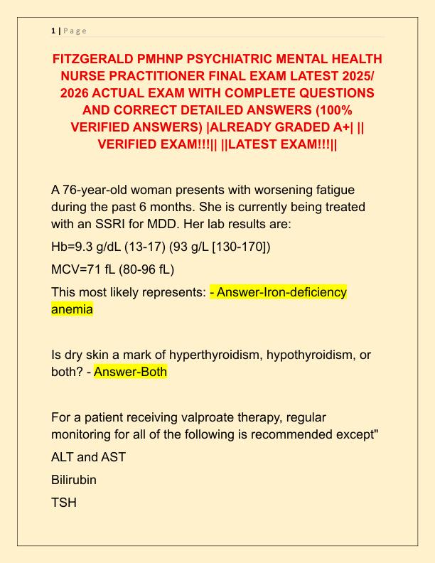 FITZGERALD PMHNP PSYCHIATRIC MENTAL HEALTH NURSE PRACTITIONER FINAL EXAM LATEST 2025
