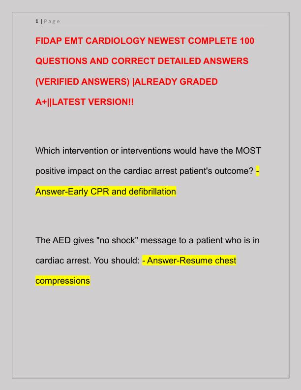 FIDAP EMT CARDIOLOGY NEWEST COMPLETE 100 QUESTIONS AND CORRECT DETAILED ANSWERS