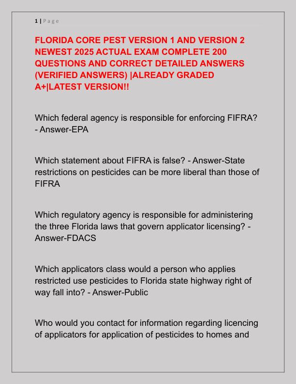 FLORIDA CORE PEST VERSION 1 AND VERSION 2 NEWEST 2025 ACTUAL EXAM COMPLETE 200 QUESTIONS AND CORRECT DETAILED ANSWERS