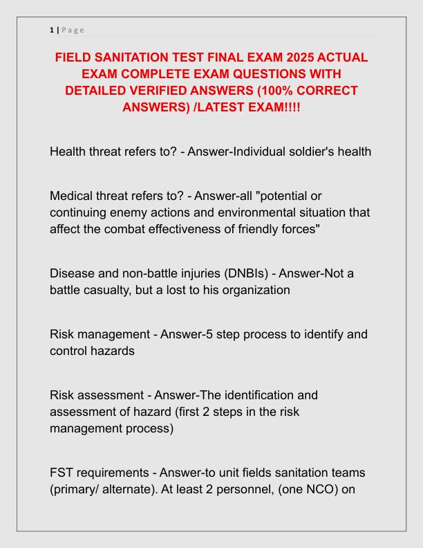 FIELD SANITATION TEST FINAL EXAM 2025 ACTUAL EXAM COMPLETE EXAM QUESTIONS WITH DETAILED VERIFIED ANSWERS