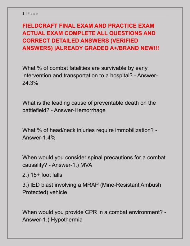 FIELDCRAFT FINAL EXAM AND PRACTICE EXAM ACTUAL EXAM COMPLETE ALL QUESTIONS AND CORRECT DETAILED ANSWERS