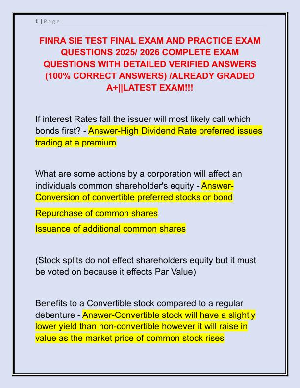 FINRA SIE TEST FINAL EXAM AND PRACTICE EXAM QUESTIONS 2025