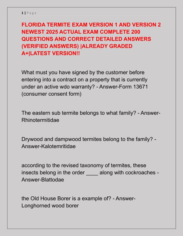 FLORIDA TERMITE EXAM VERSION 1 AND VERSION 2 NEWEST 2025 ACTUAL EXAM COMPLETE 200 QUESTIONS AND CORRECT DETAILED ANSWERS