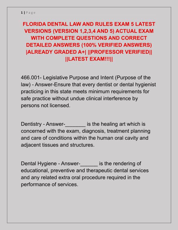 FLORIDA DENTAL LAW AND RULES EXAM 5 LATEST VERSIONS