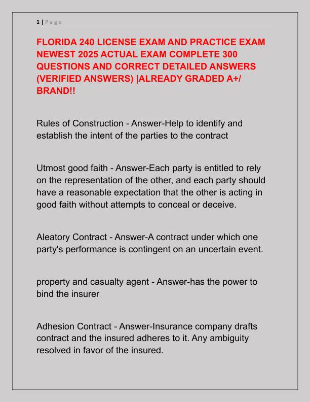 FLORIDA 240 LICENSE EXAM AND PRACTICE EXAM NEWEST 2025 ACTUAL EXAM COMPLETE 300 QUESTIONS AND CORRECT DETAILED ANSWERS