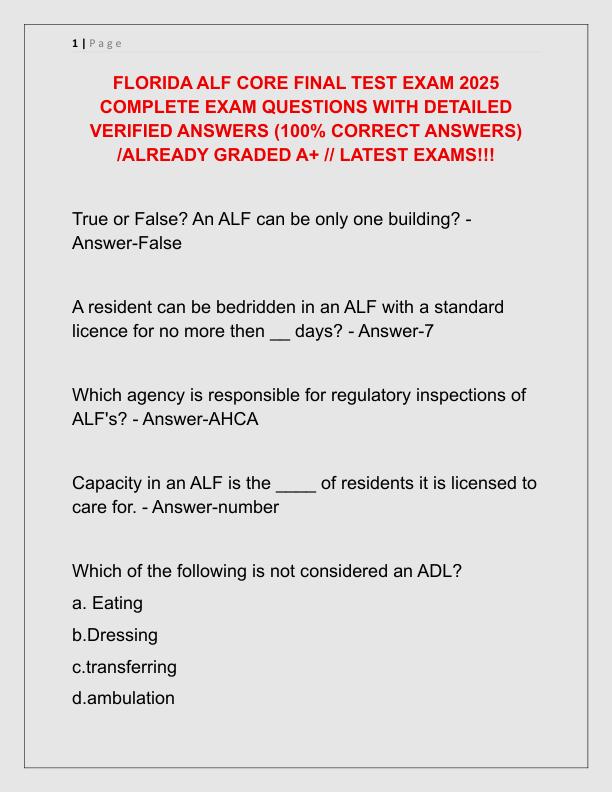 FLORIDA ALF CORE FINAL TEST EXAM 2025 COMPLETE EXAM QUESTIONS WITH DETAILED VERIFIED ANSWERS