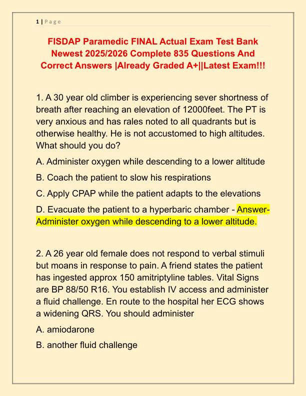 FISDAP Paramedic FINAL Actual Exam Test Bank Newest 2025