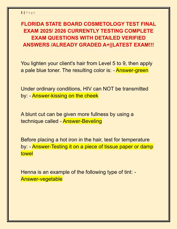 FLORIDA STATE BOARD COSMETOLOGY TEST FINAL EXAM 2025