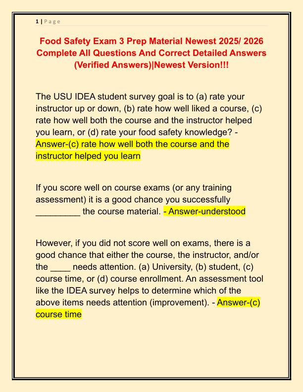 Food Safety Exam 3 Prep Material Newest 2025