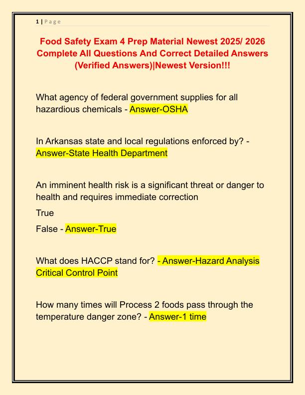Food Safety Exam 4 Prep Material Newest 2025