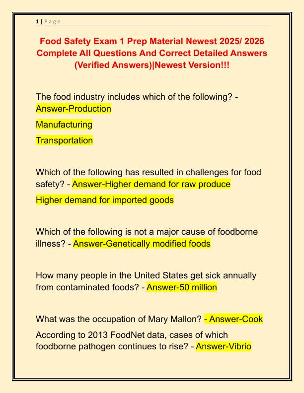 Food Safety Exam 1 Prep Material Newest 2025