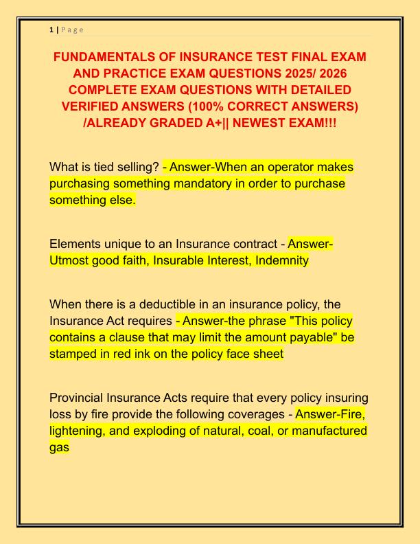 FUNDAMENTALS OF INSURANCE TEST FINAL EXAM AND PRACTICE EXAM QUESTIONS 2025