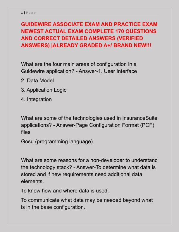 GUIDEWIRE ASSOCIATE EXAM AND PRACTICE EXAM NEWEST ACTUAL EXAM COMPLETE 170 QUESTIONS AND CORRECT DETAILED ANSWERS