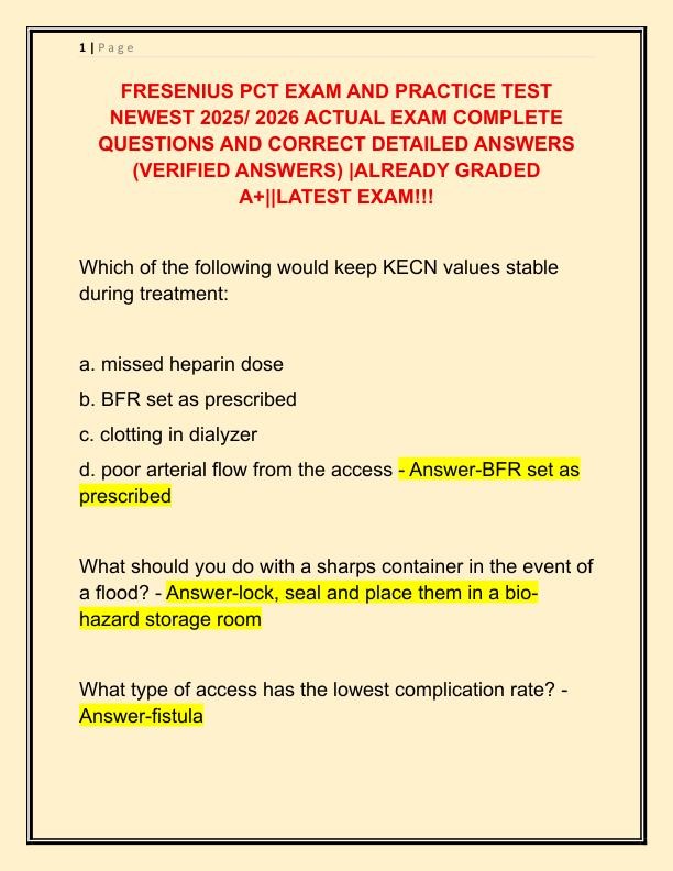 FRESENIUS PCT EXAM AND PRACTICE TEST NEWEST 2025