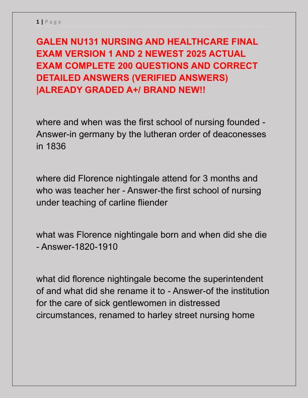 GALEN NU131 NURSING AND HEALTHCARE FINAL EXAM VERSION 1 AND 2 NEWEST 2025 ACTUAL EXAM COMPLETE 200 QUESTIONS AND CORRECT DETAILED ANSWERS