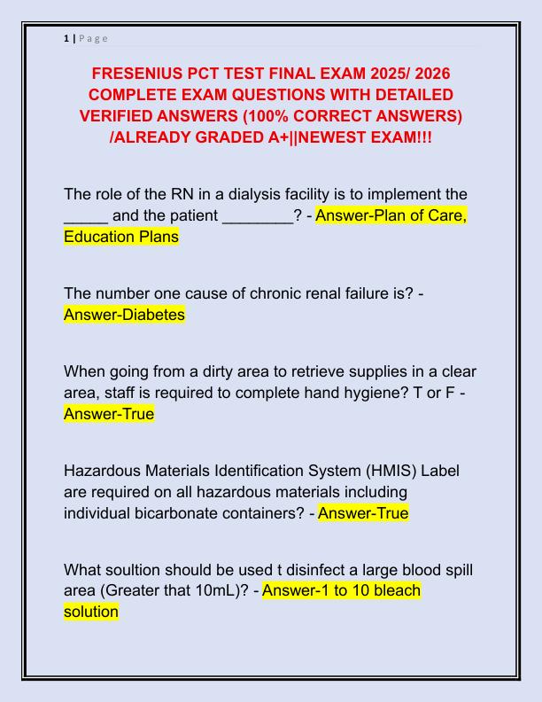 FRESENIUS PCT TEST FINAL EXAM 2025