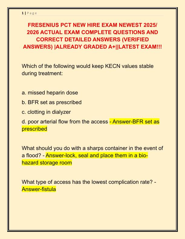 FRESENIUS PCT NEW HIRE EXAM NEWEST 2025