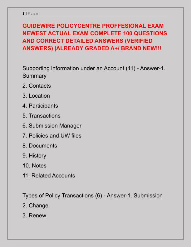 GUIDEWIRE POLICYCENTRE PROFFESIONAL EXAM NEWEST ACTUAL EXAM COMPLETE 100 QUESTIONS AND CORRECT DETAILED ANSWERS