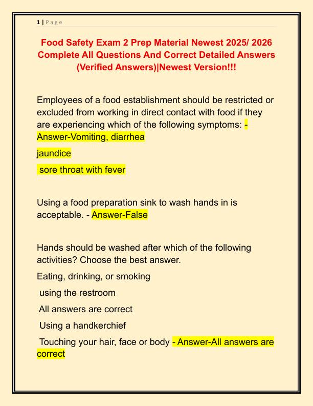 Food Safety Exam 2 Prep Material Newest 2025