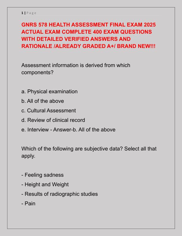 GNRS 578 HEALTH ASSESSMENT FINAL EXAM 2025 ACTUAL EXAM COMPLETE 400 EXAM QUESTIONS WITH DETAILED VERIFIED ANSWERS AND RATIONALE