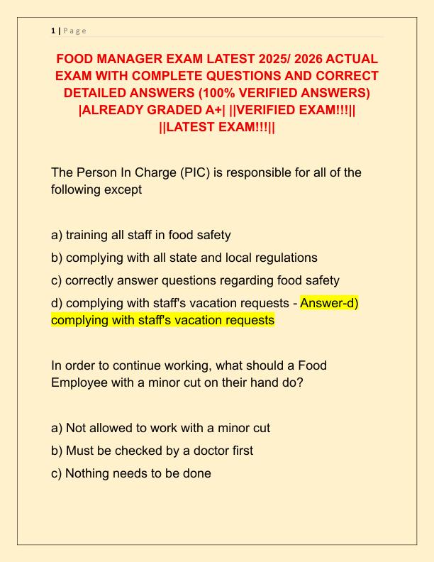 FOOD MANAGER EXAM LATEST 2025