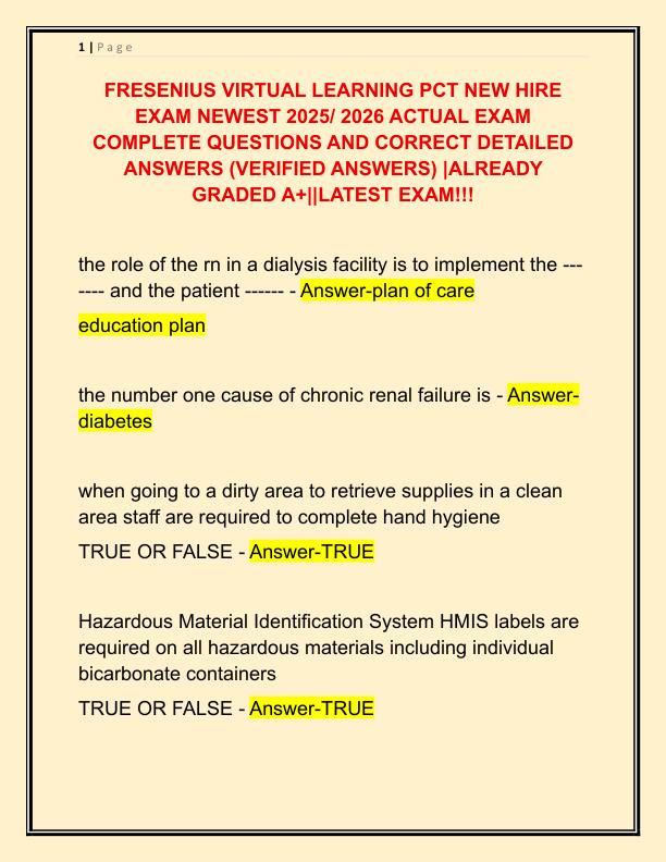 FRESENIUS VIRTUAL LEARNING PCT NEW HIRE EXAM NEWEST 2025