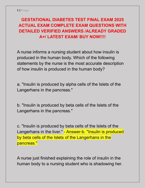 GESTATIONAL DIABETES TEST FINAL EXAM 2025 ACTUAL EXAM COMPLETE EXAM QUESTIONS WITH DETAILED VERIFIED ANSWERS