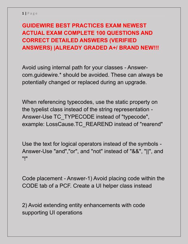 GUIDEWIRE BEST PRACTICES EXAM NEWEST ACTUAL EXAM COMPLETE 100 QUESTIONS AND CORRECT DETAILED ANSWERS