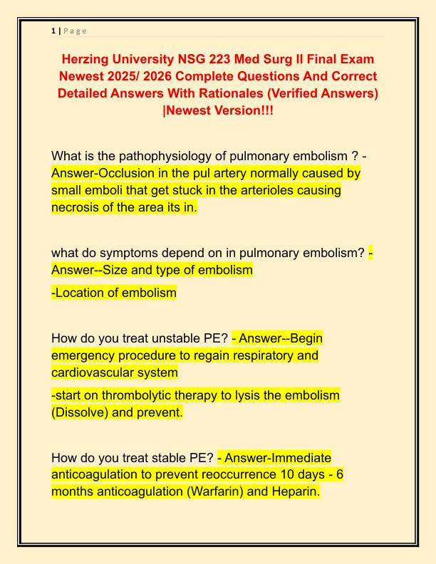 Herzing University NSG 223 Med Surg II Final Exam Newest 2025