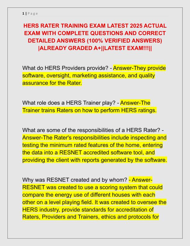 HERS RATER TRAINING EXAM LATEST 2025 ACTUAL EXAM WITH COMPLETE QUESTIONS AND CORRECT DETAILED ANSWERS