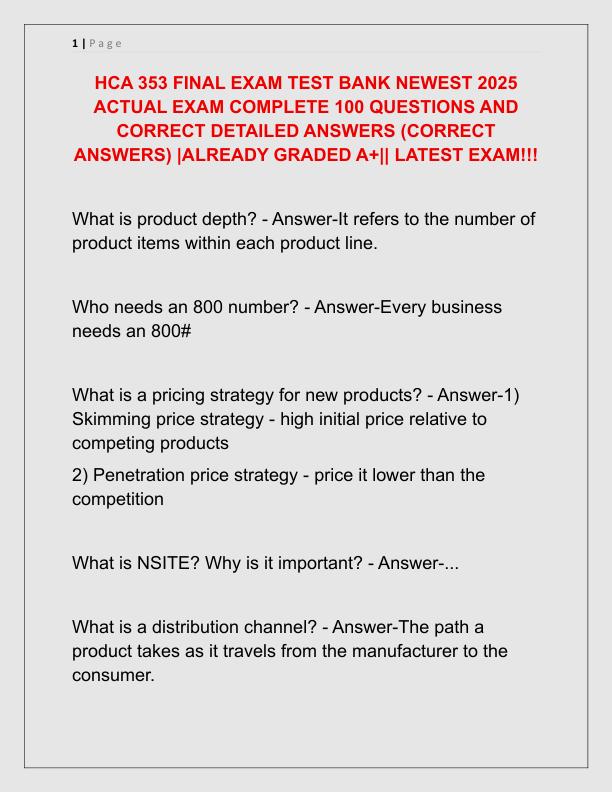 HCA 353 FINAL EXAM TEST BANK NEWEST 2025 ACTUAL EXAM COMPLETE 100 QUESTIONS AND CORRECT DETAILED ANSWERS