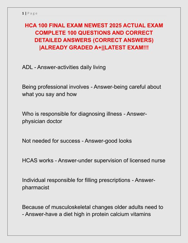 HCA 100 FINAL EXAM NEWEST 2025 ACTUAL EXAM COMPLETE 100 QUESTIONS AND CORRECT DETAILED ANSWERS