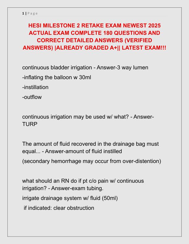 HESI MILESTONE 2 RETAKE EXAM NEWEST 2025 ACTUAL EXAM COMPLETE 180 QUESTIONS AND CORRECT DETAILED ANSWERS