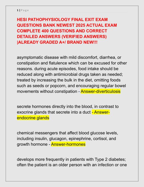 HESI PATHOPHYSIOLOGY FINAL EXIT EXAM QUESTIONS BANK NEWEST 2025 ACTUAL EXAM COMPLETE 400 QUESTIONS AND CORRECT DETAILED ANSWERS