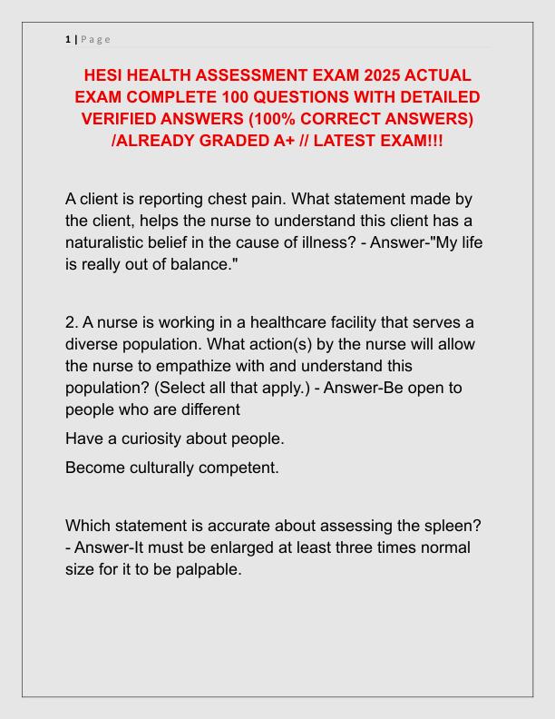 HESI HEALTH ASSESSMENT EXAM 2025 ACTUAL EXAM COMPLETE 100 QUESTIONS WITH DETAILED VERIFIED ANSWERS