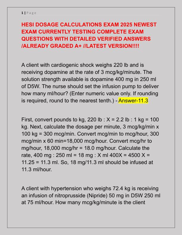 HESI DOSAGE CALCULATIONS EXAM 2025 NEWEST EXAM CURRENTLY TESTING COMPLETE EXAM QUESTIONS WITH DETAILED VERIFIED ANSWERS