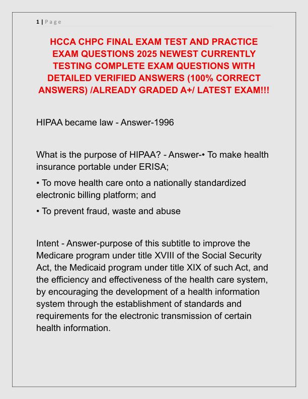 HCCA CHPC FINAL EXAM TEST AND PRACTICE EXAM QUESTIONS 2025 NEWEST CURRENTLY TESTING COMPLETE EXAM QUESTIONS WITH DETAILED VERIFIED ANSWERS