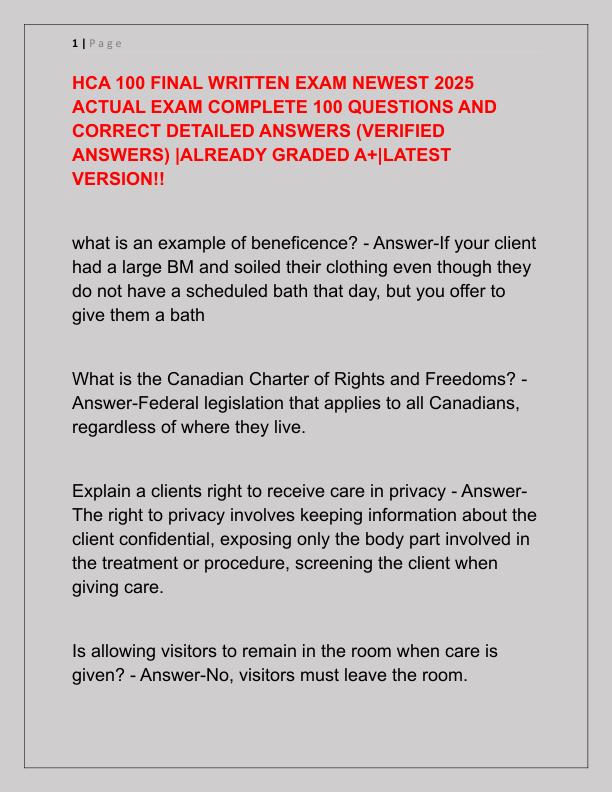 HCA 100 FINAL WRITTEN EXAM NEWEST 2025 ACTUAL EXAM COMPLETE 100 QUESTIONS AND CORRECT DETAILED ANSWERS