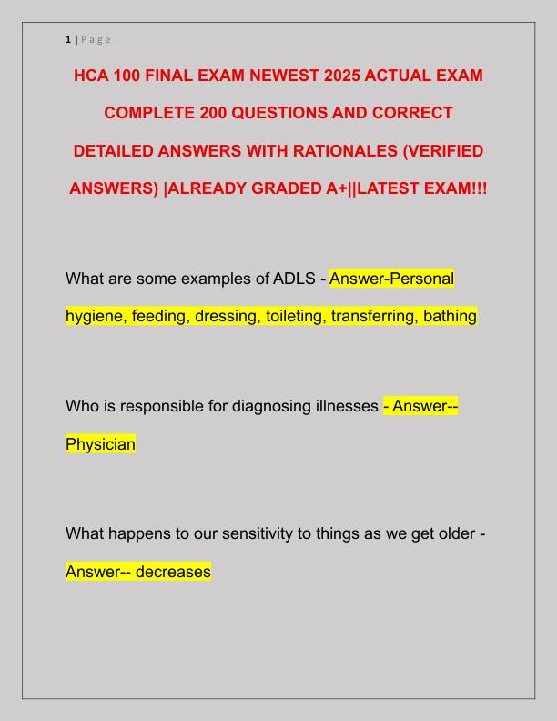 HCA 100 FINAL EXAM NEWEST 2025 ACTUAL EXAM COMPLETE 200 QUESTIONS AND CORRECT DETAILED ANSWERS WITH RATIONALES