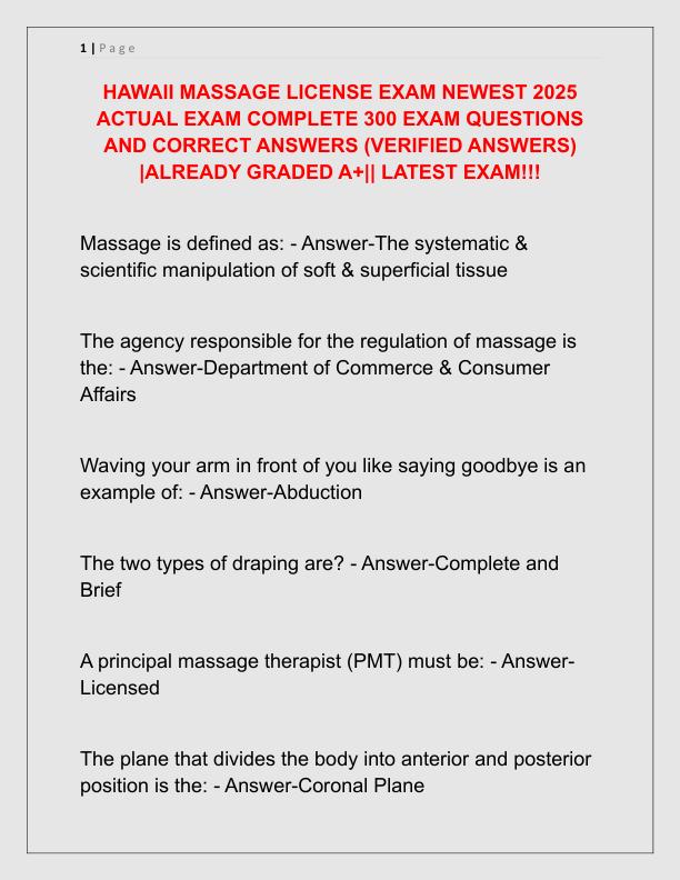 HAWAII MASSAGE LICENSE EXAM NEWEST 2025 ACTUAL EXAM COMPLETE 300 EXAM QUESTIONS AND CORRECT ANSWERS