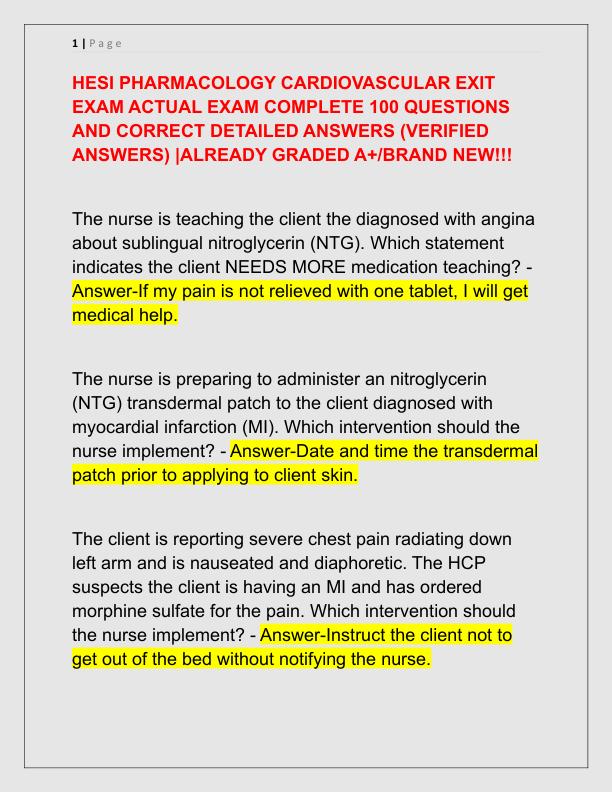 HESI PHARMACOLOGY CARDIOVASCULAR EXIT EXAM ACTUAL EXAM COMPLETE 100 QUESTIONS AND CORRECT DETAILED ANSWERS