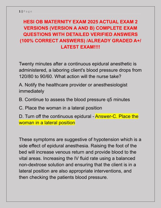HESI OB MATERNITY EXAM 2025 ACTUAL EXAM 2 VERSIONS