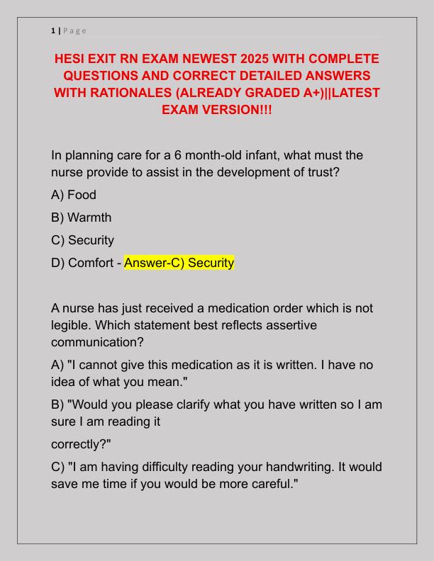 HESI EXIT RN EXAM NEWEST 2025 WITH COMPLETE QUESTIONS AND CORRECT DETAILED ANSWERS WITH RATIONALES